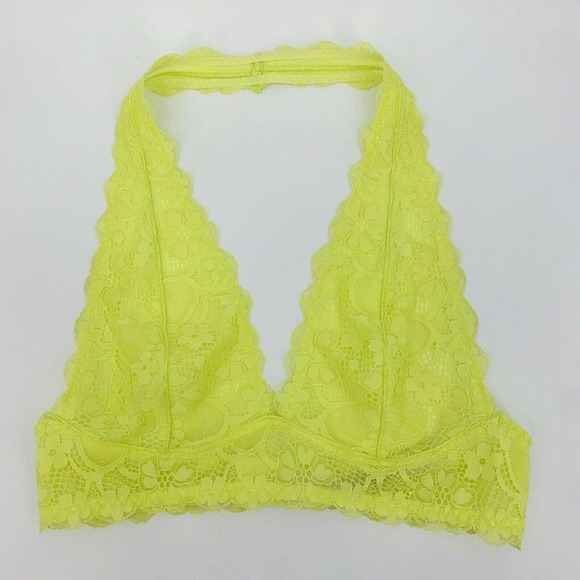 Free People Sz S Bralette Womens Galloon Lace Halter Bra Lime Soft Plunging Neck - Picture 7 of 10